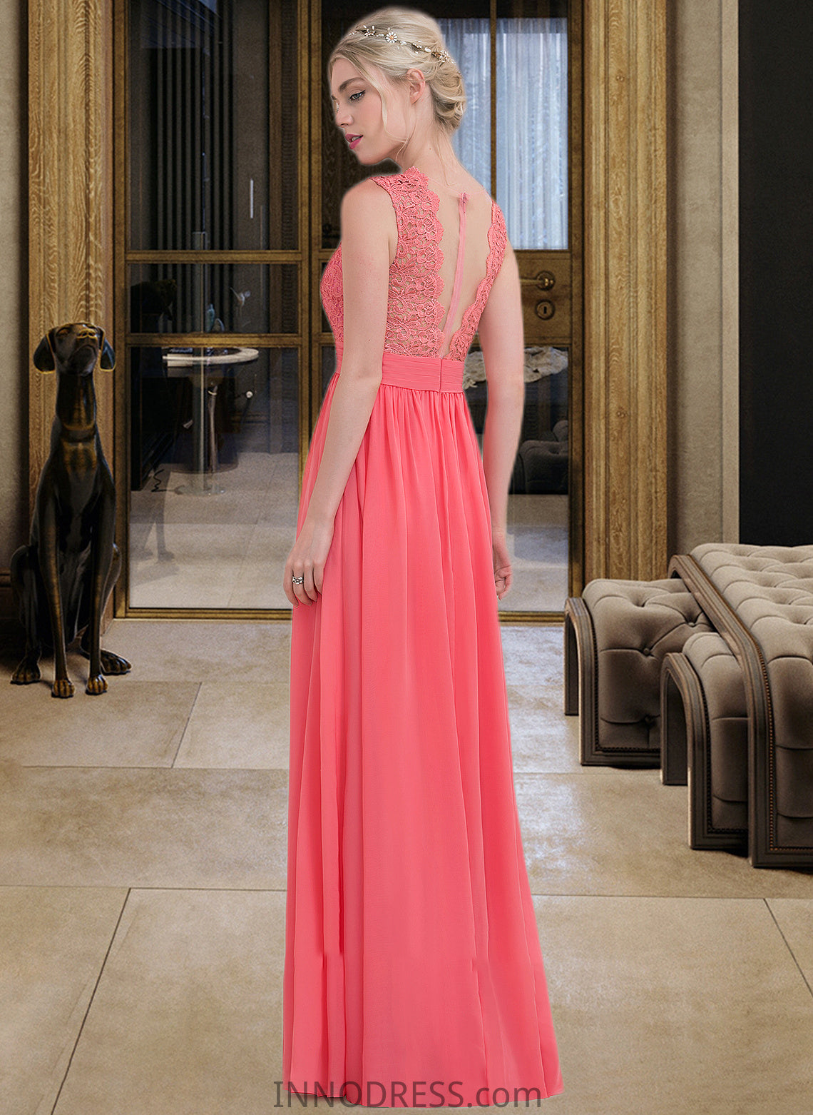 Izabella A-Line Scoop Neck Floor-Length Chiffon Lace Bridesmaid Dress With Ruffle DPP0013171