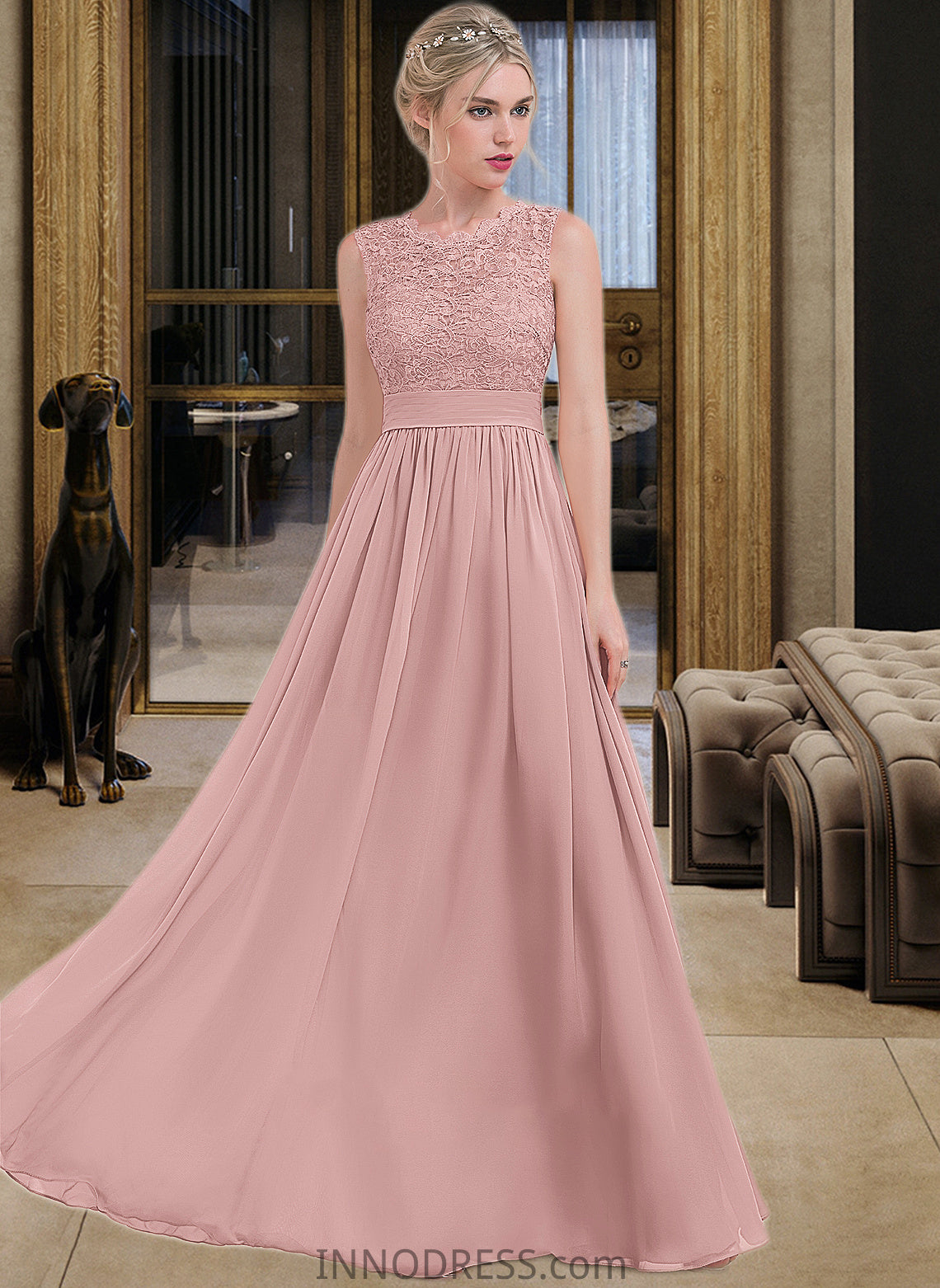 Izabella A-Line Scoop Neck Floor-Length Chiffon Lace Bridesmaid Dress With Ruffle DPP0013171