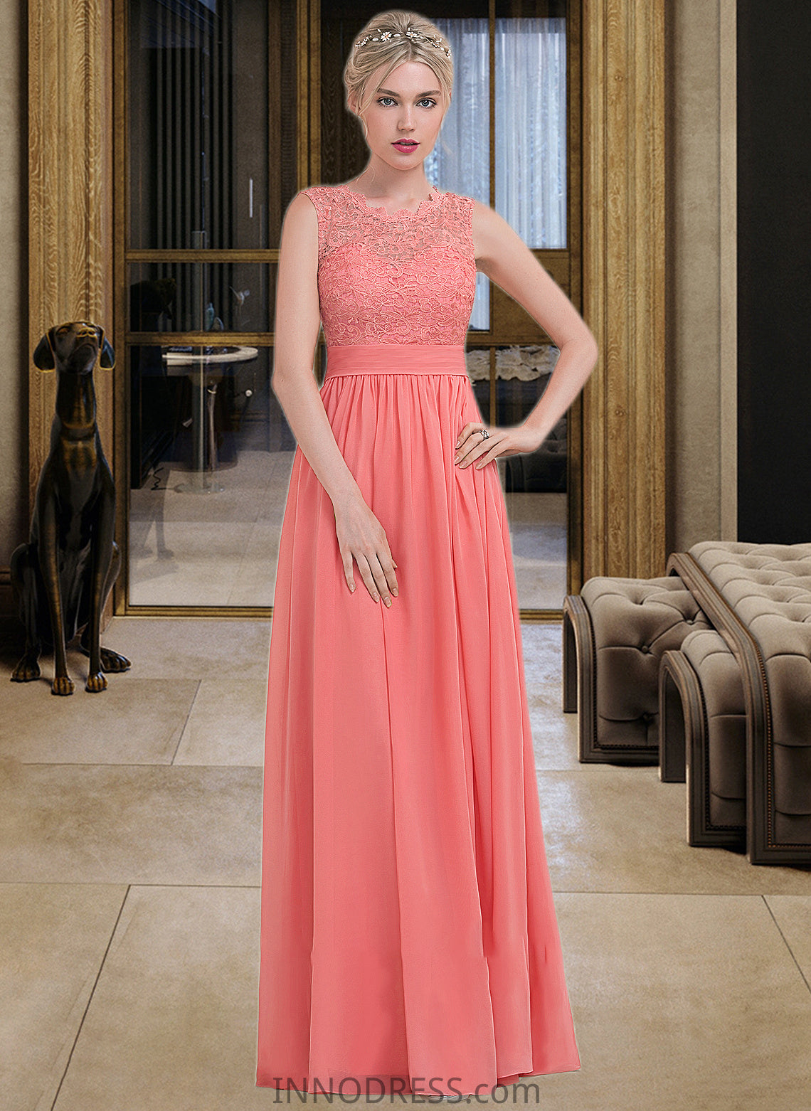 Izabella A-Line Scoop Neck Floor-Length Chiffon Lace Bridesmaid Dress With Ruffle DPP0013171