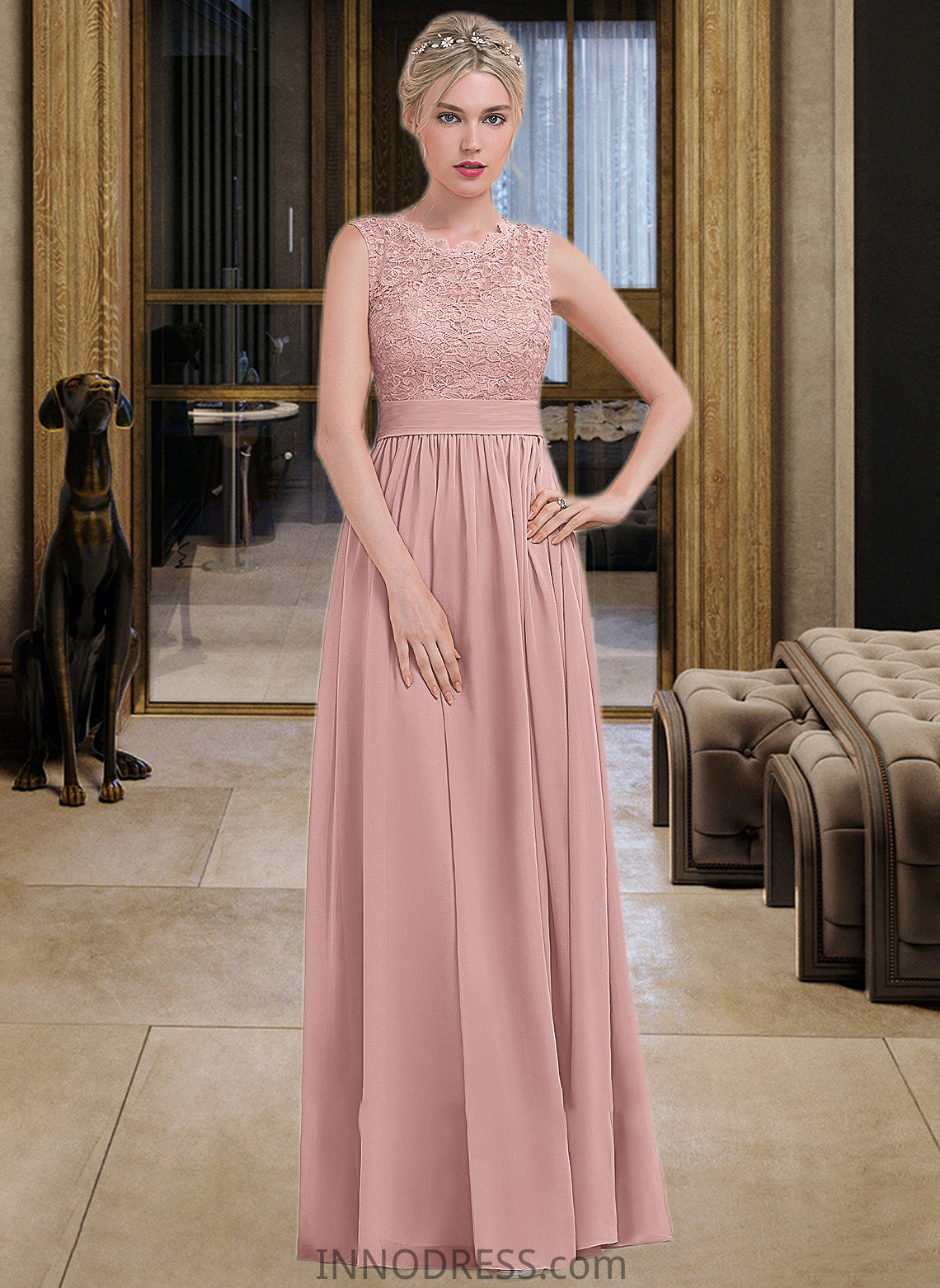 Izabella A-Line Scoop Neck Floor-Length Chiffon Lace Bridesmaid Dress With Ruffle DPP0013171