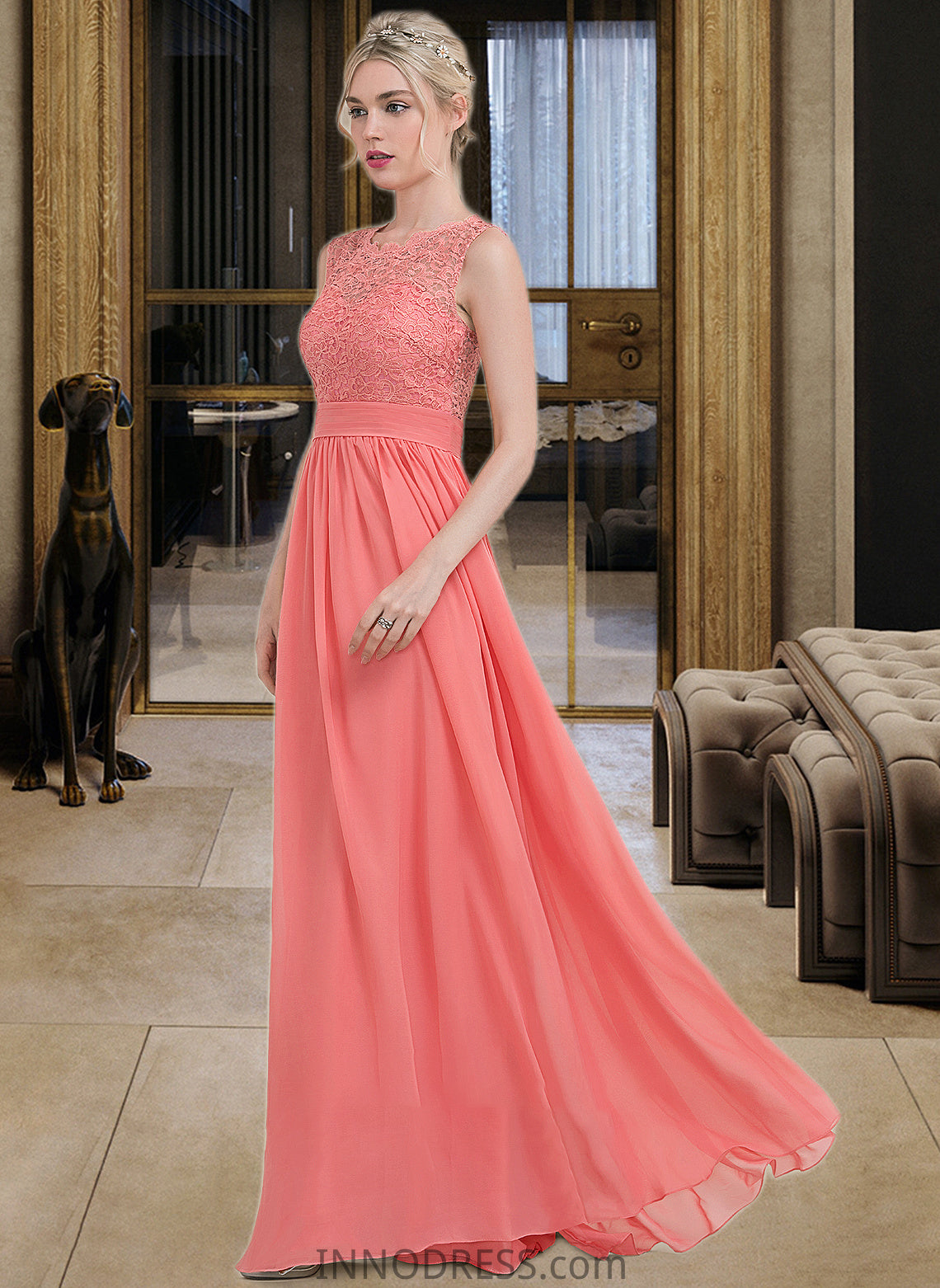 Izabella A-Line Scoop Neck Floor-Length Chiffon Lace Bridesmaid Dress With Ruffle DPP0013171