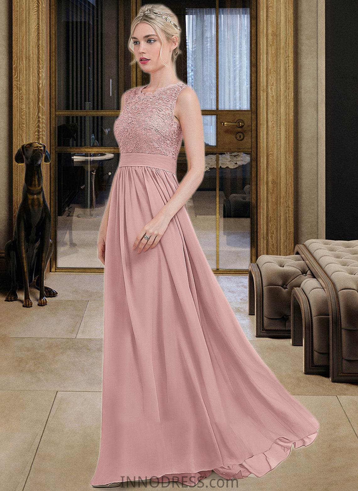 Izabella A-Line Scoop Neck Floor-Length Chiffon Lace Bridesmaid Dress With Ruffle DPP0013171