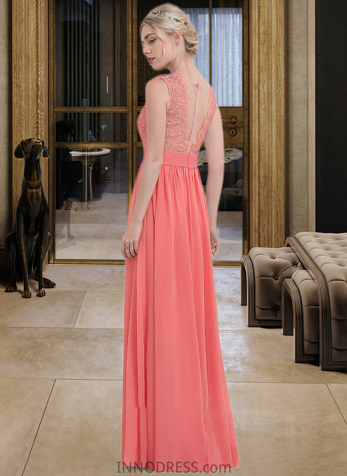 Izabella A-Line Scoop Neck Floor-Length Chiffon Lace Bridesmaid Dress With Ruffle DPP0013171