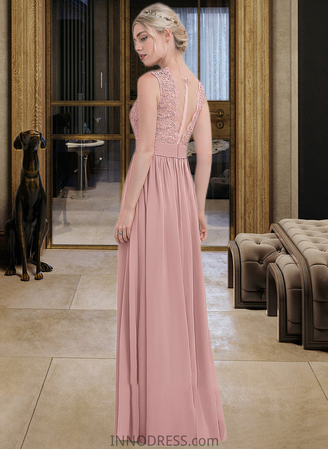 Izabella A-Line Scoop Neck Floor-Length Chiffon Lace Bridesmaid Dress With Ruffle DPP0013171