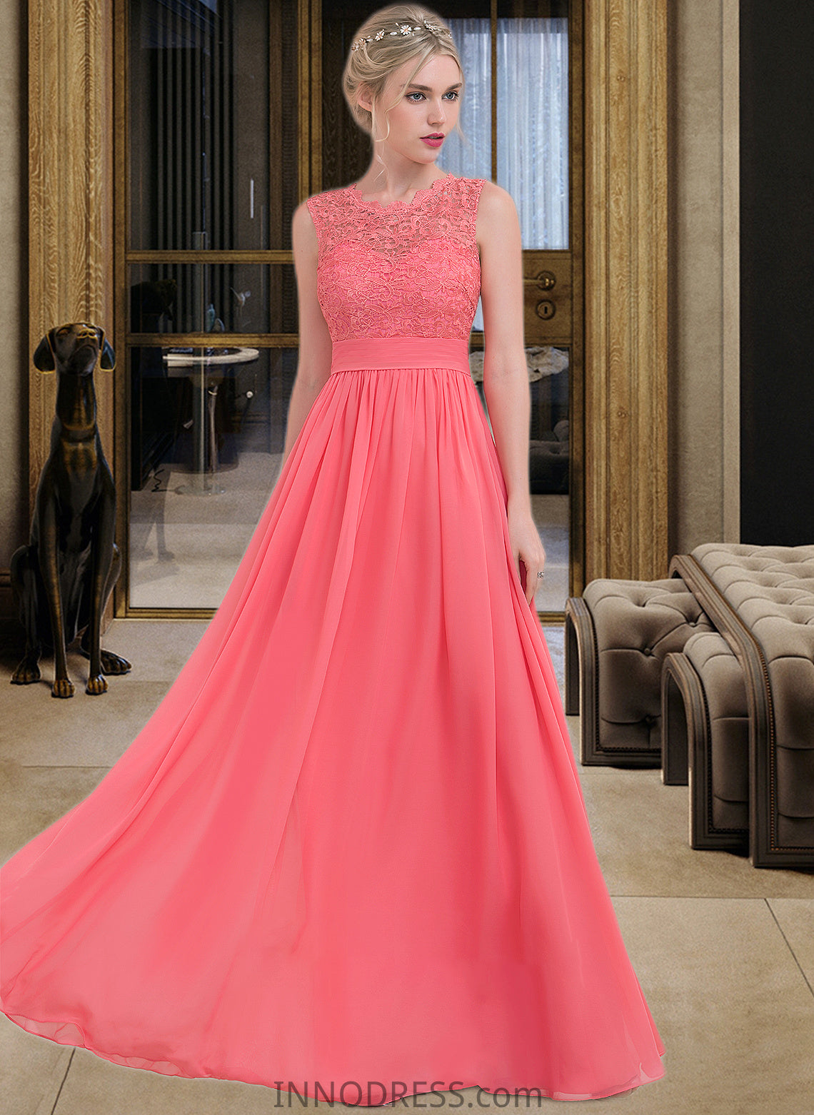 Izabella A-Line Scoop Neck Floor-Length Chiffon Lace Bridesmaid Dress With Ruffle DPP0013171