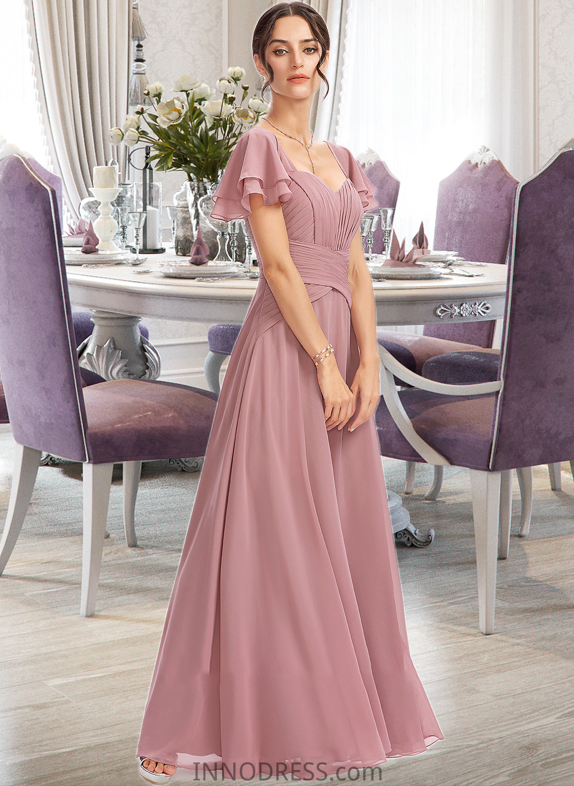 Prudence A-Line Square Neckline Floor-Length Bridesmaid Dress With Ruffle Cascading Ruffles DPP0013172