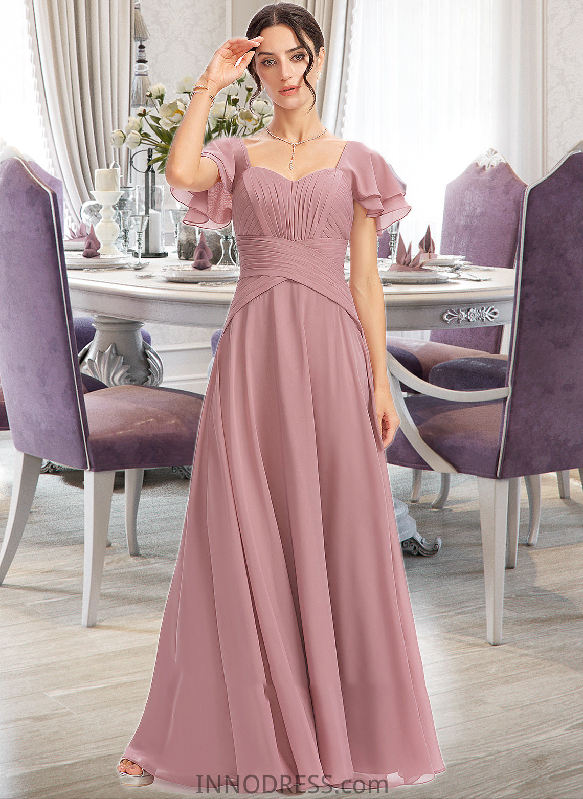 Prudence A-Line Square Neckline Floor-Length Bridesmaid Dress With Ruffle Cascading Ruffles DPP0013172