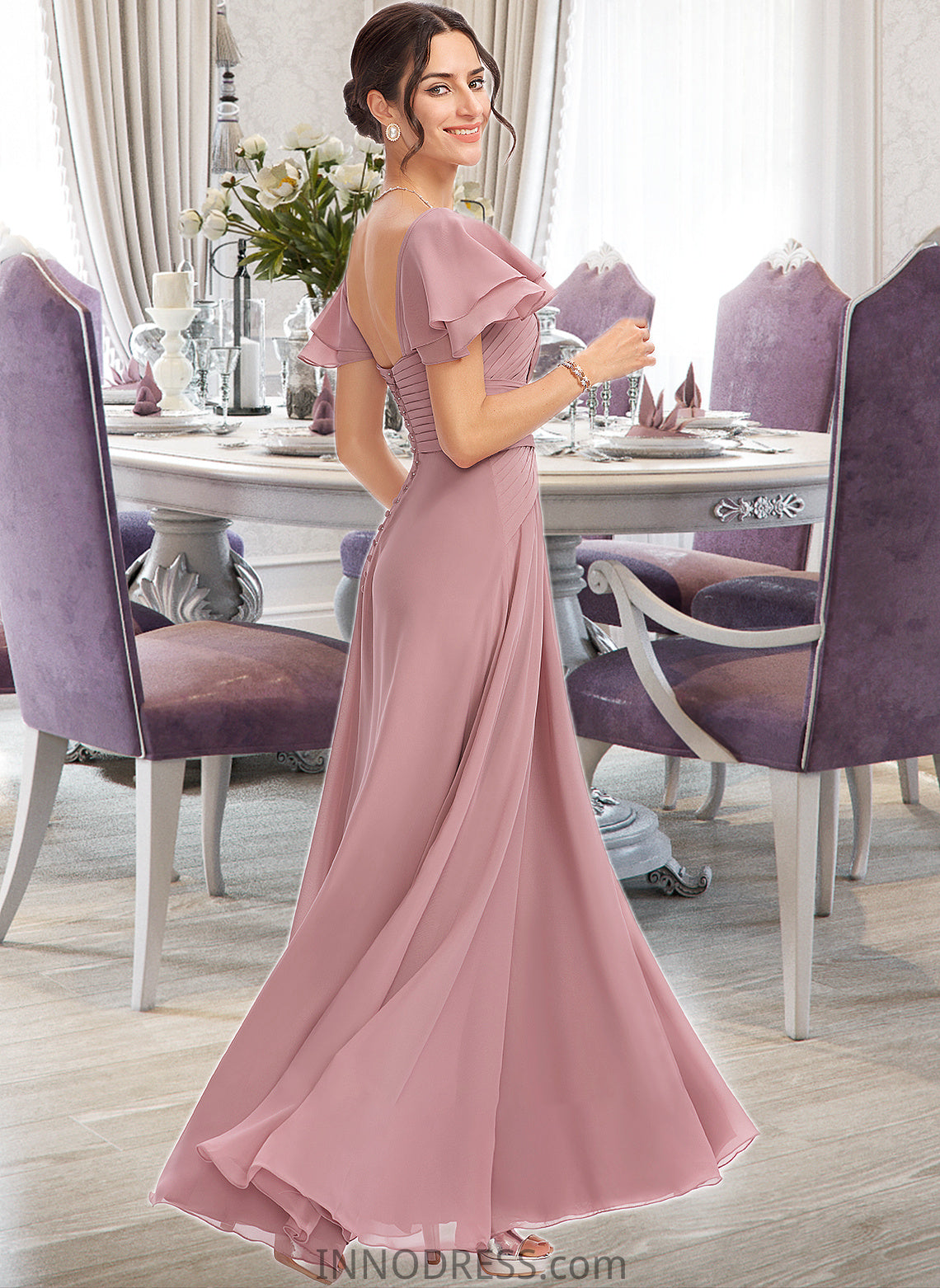 Prudence A-Line Square Neckline Floor-Length Bridesmaid Dress With Ruffle Cascading Ruffles DPP0013172