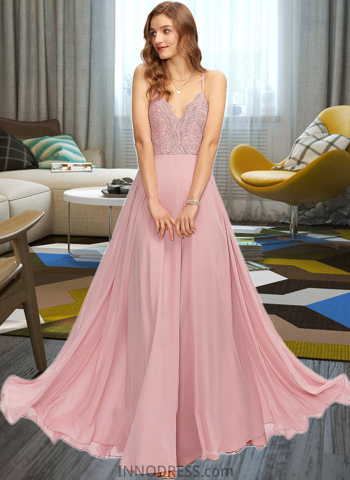 Marianna A-Line V-neck Floor-Length Chiffon Bridesmaid Dress DPP0013173