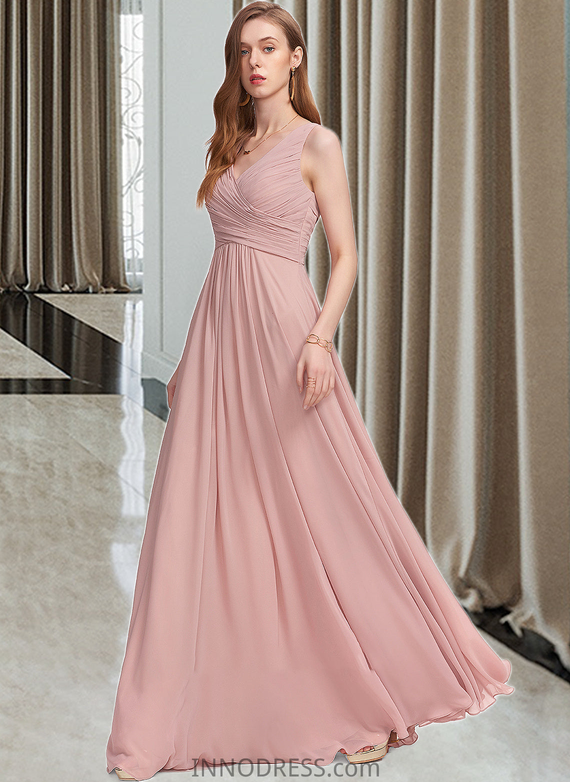 Cindy A-Line V-neck Floor-Length Chiffon Bridesmaid Dress With Ruffle DPP0013174