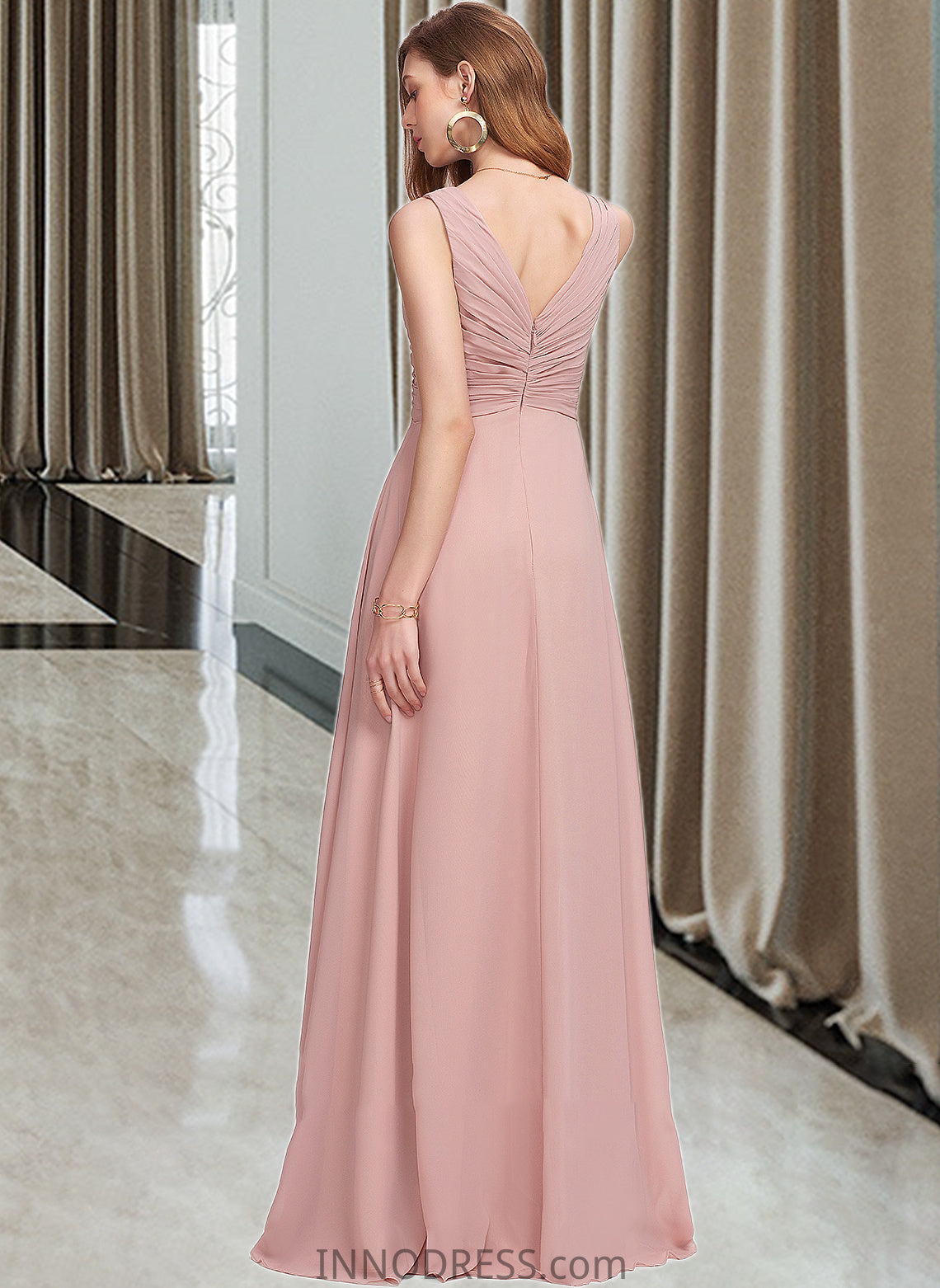 Cindy A-Line V-neck Floor-Length Chiffon Bridesmaid Dress With Ruffle DPP0013174