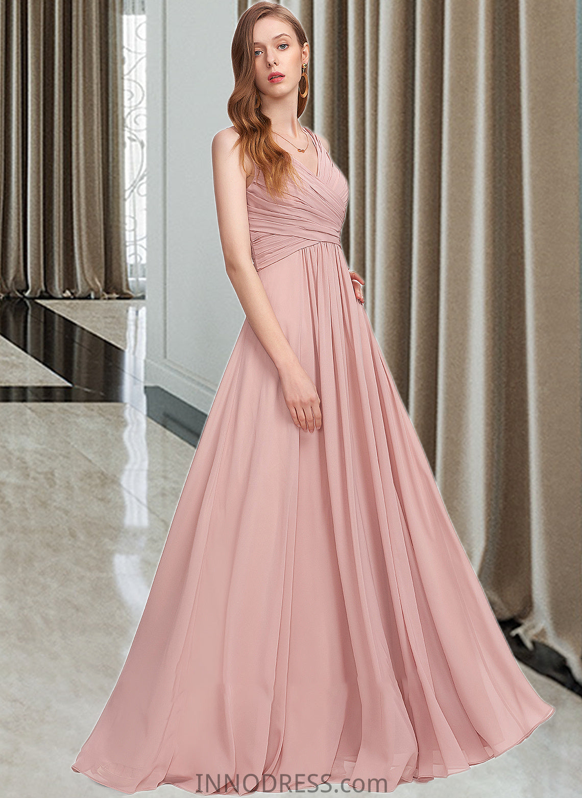 Cindy A-Line V-neck Floor-Length Chiffon Bridesmaid Dress With Ruffle DPP0013174