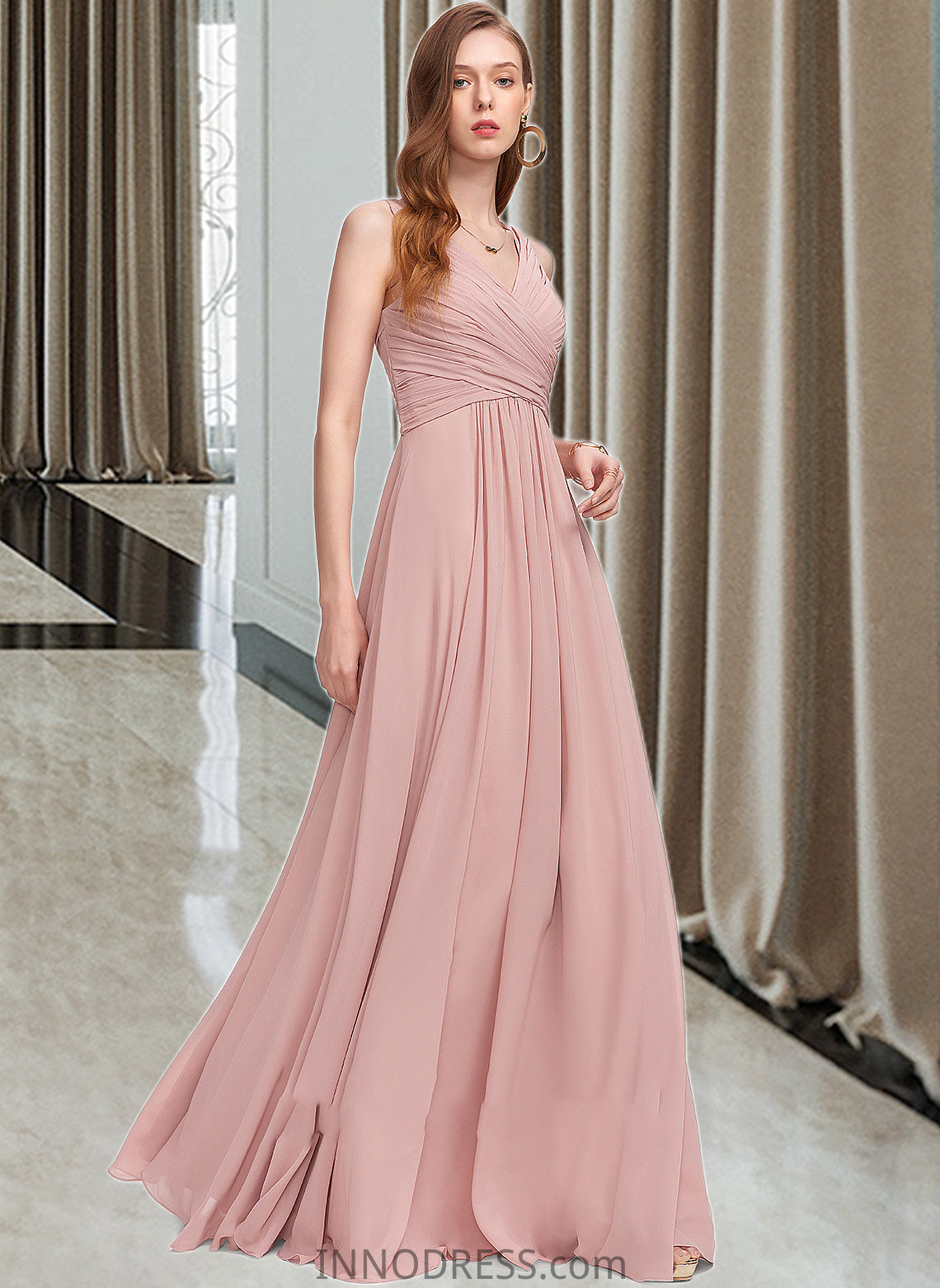 Cindy A-Line V-neck Floor-Length Chiffon Bridesmaid Dress With Ruffle DPP0013174