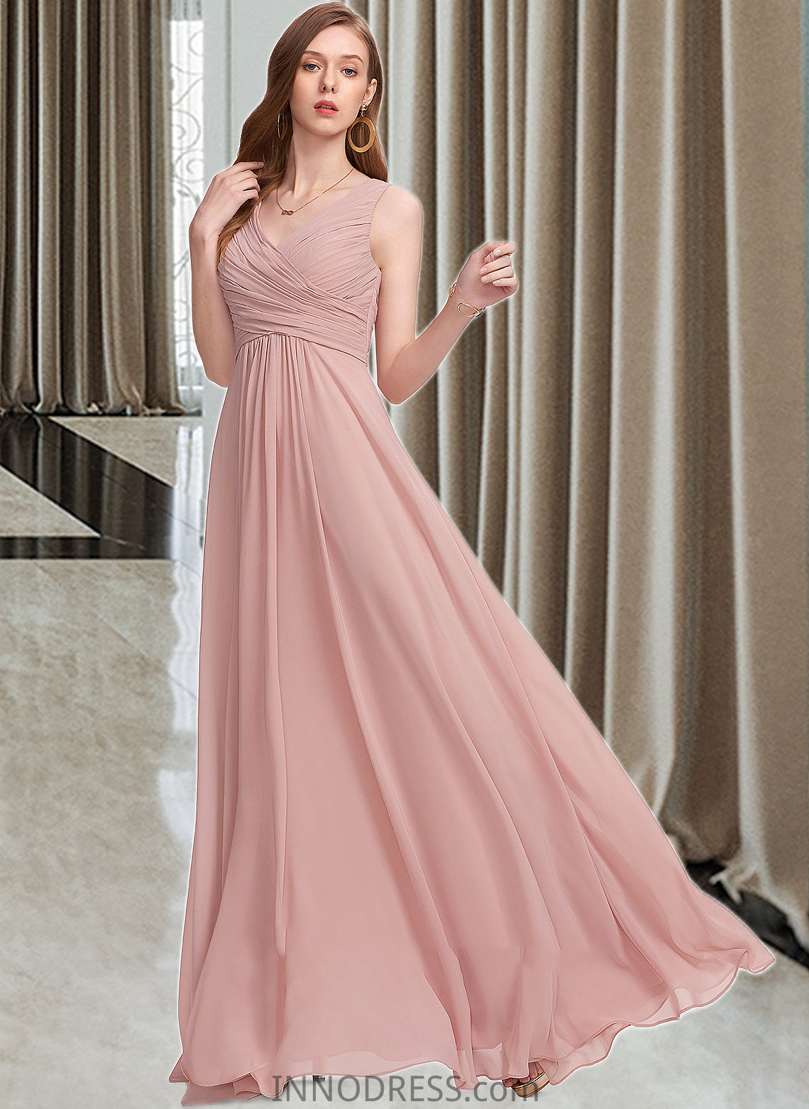 Cindy A-Line V-neck Floor-Length Chiffon Bridesmaid Dress With Ruffle DPP0013174