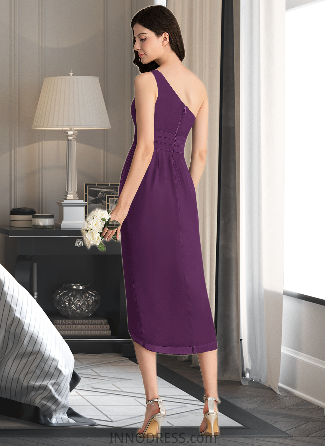 Jordan Sheath/Column One-Shoulder Asymmetrical Chiffon Bridesmaid Dress With Ruffle DPP0013176