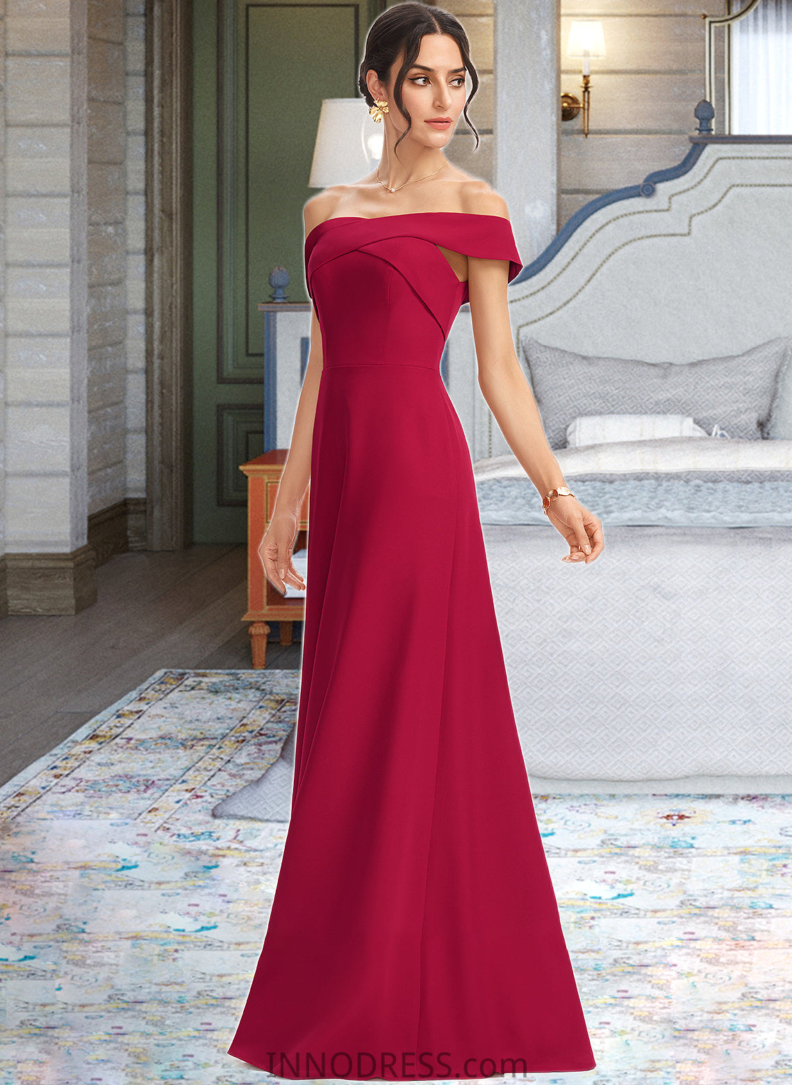 Jordan Sheath/Column Off-the-Shoulder Floor-Length Bridesmaid Dress With Ruffle DPP0013177