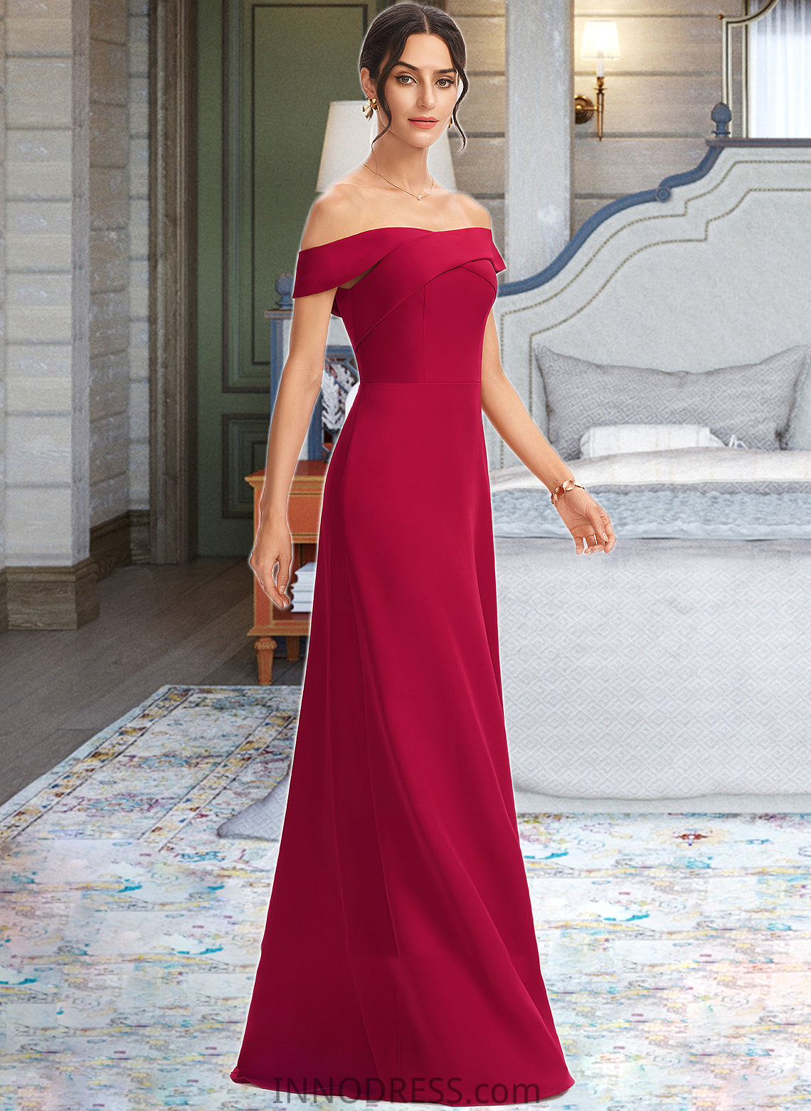 Jordan Sheath/Column Off-the-Shoulder Floor-Length Bridesmaid Dress With Ruffle DPP0013177