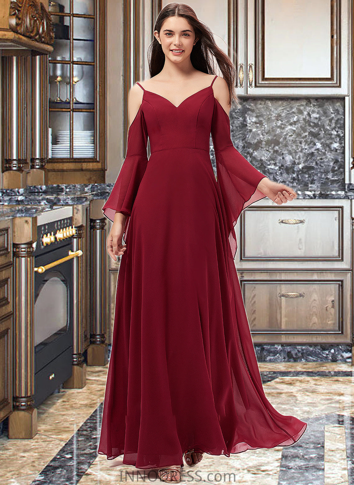 Khloe A-line V-Neck Floor-Length Chiffon Bridesmaid Dress DPP0013178