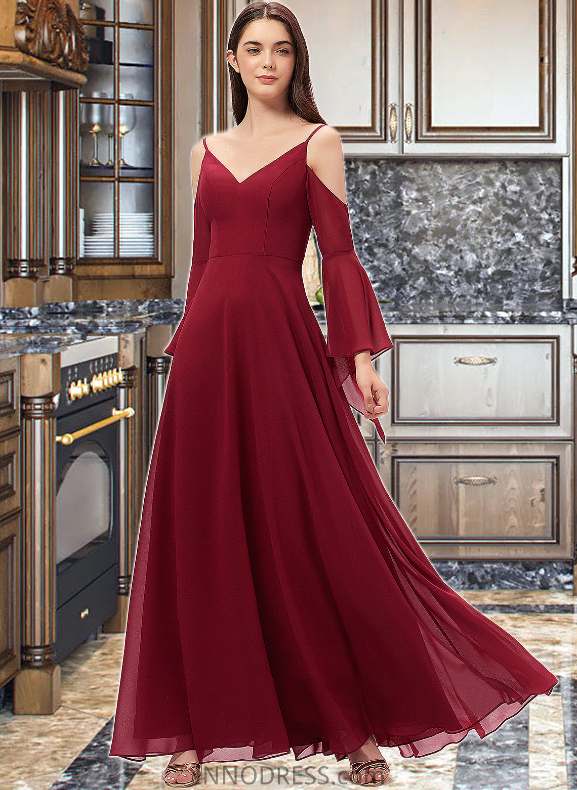 Khloe A-line V-Neck Floor-Length Chiffon Bridesmaid Dress DPP0013178