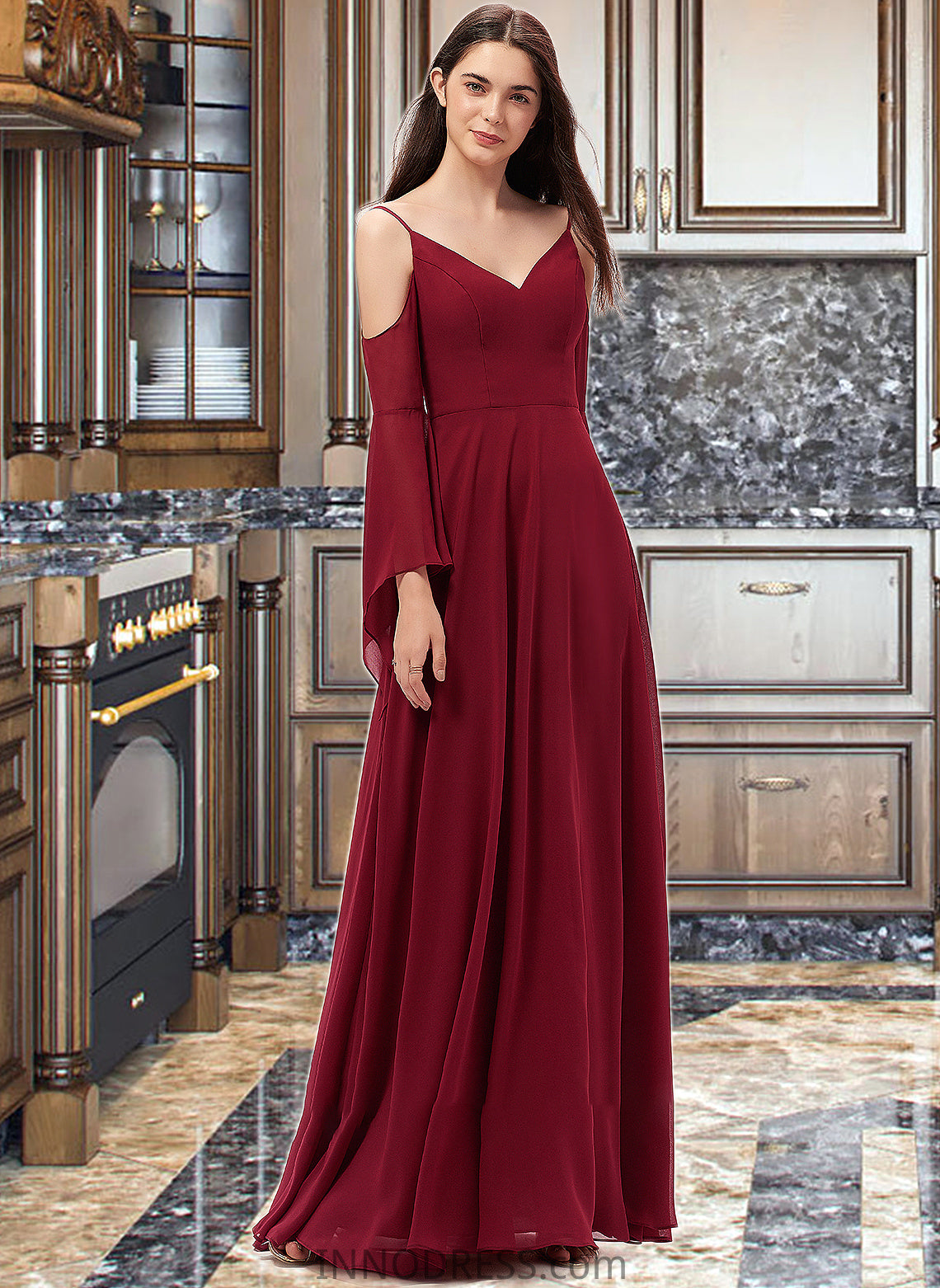 Khloe A-line V-Neck Floor-Length Chiffon Bridesmaid Dress DPP0013178