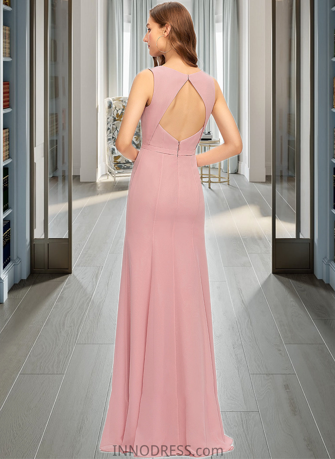 Emery Sheath/Column Scoop Neck Floor-Length Chiffon Bridesmaid Dress With Split Front DPP0013179