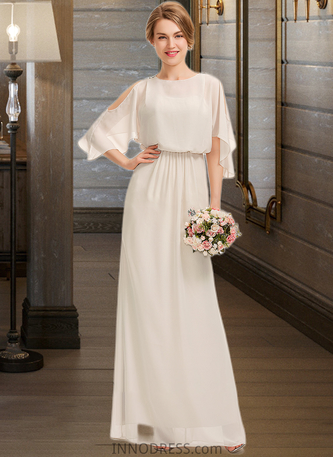 Jaycee Sheath/Column Scoop Neck Floor-Length Chiffon Bridesmaid Dress With Cascading Ruffles DPP0013180