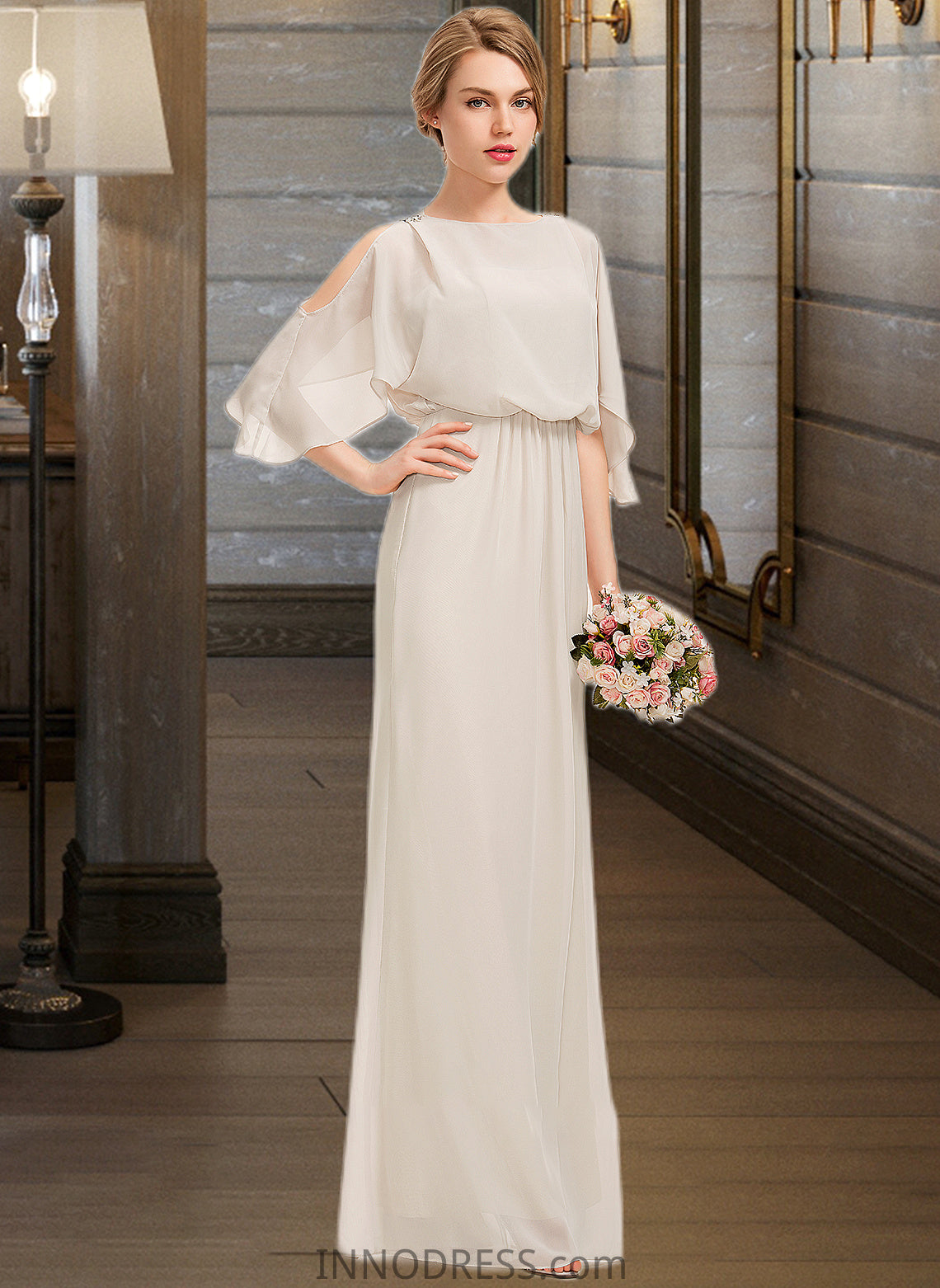 Jaycee Sheath/Column Scoop Neck Floor-Length Chiffon Bridesmaid Dress With Cascading Ruffles DPP0013180