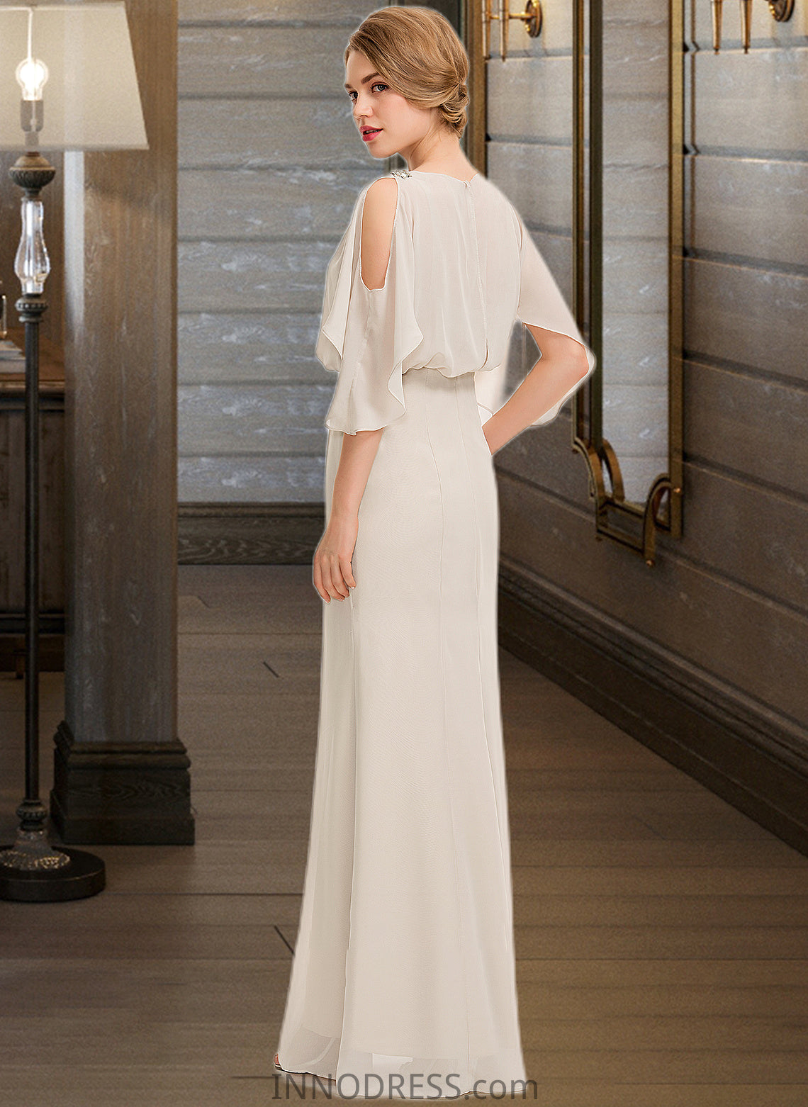 Jaycee Sheath/Column Scoop Neck Floor-Length Chiffon Bridesmaid Dress With Cascading Ruffles DPP0013180