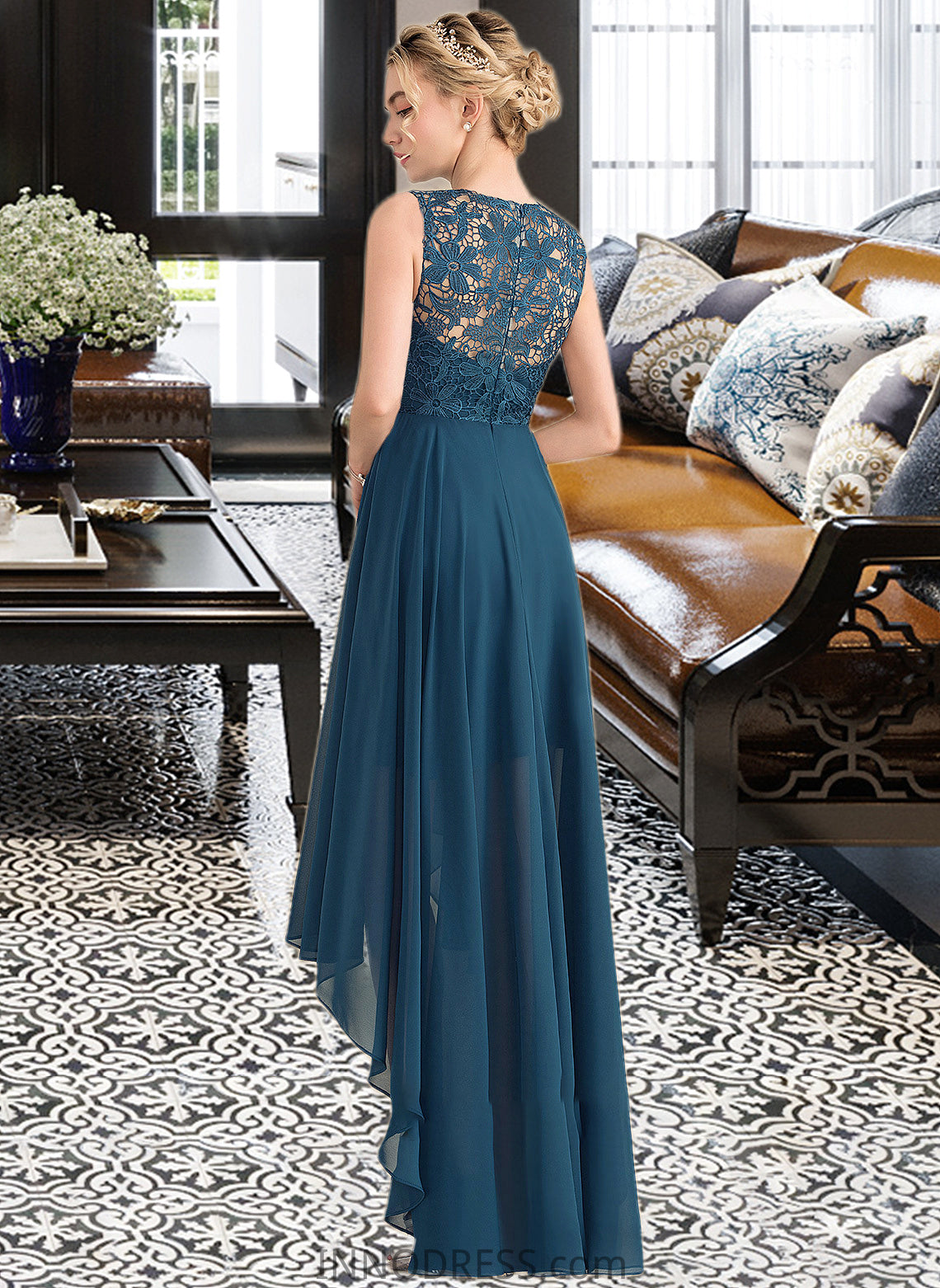 Giovanna A-Line Scoop Neck Asymmetrical Chiffon Lace Bridesmaid Dress DPP0013182