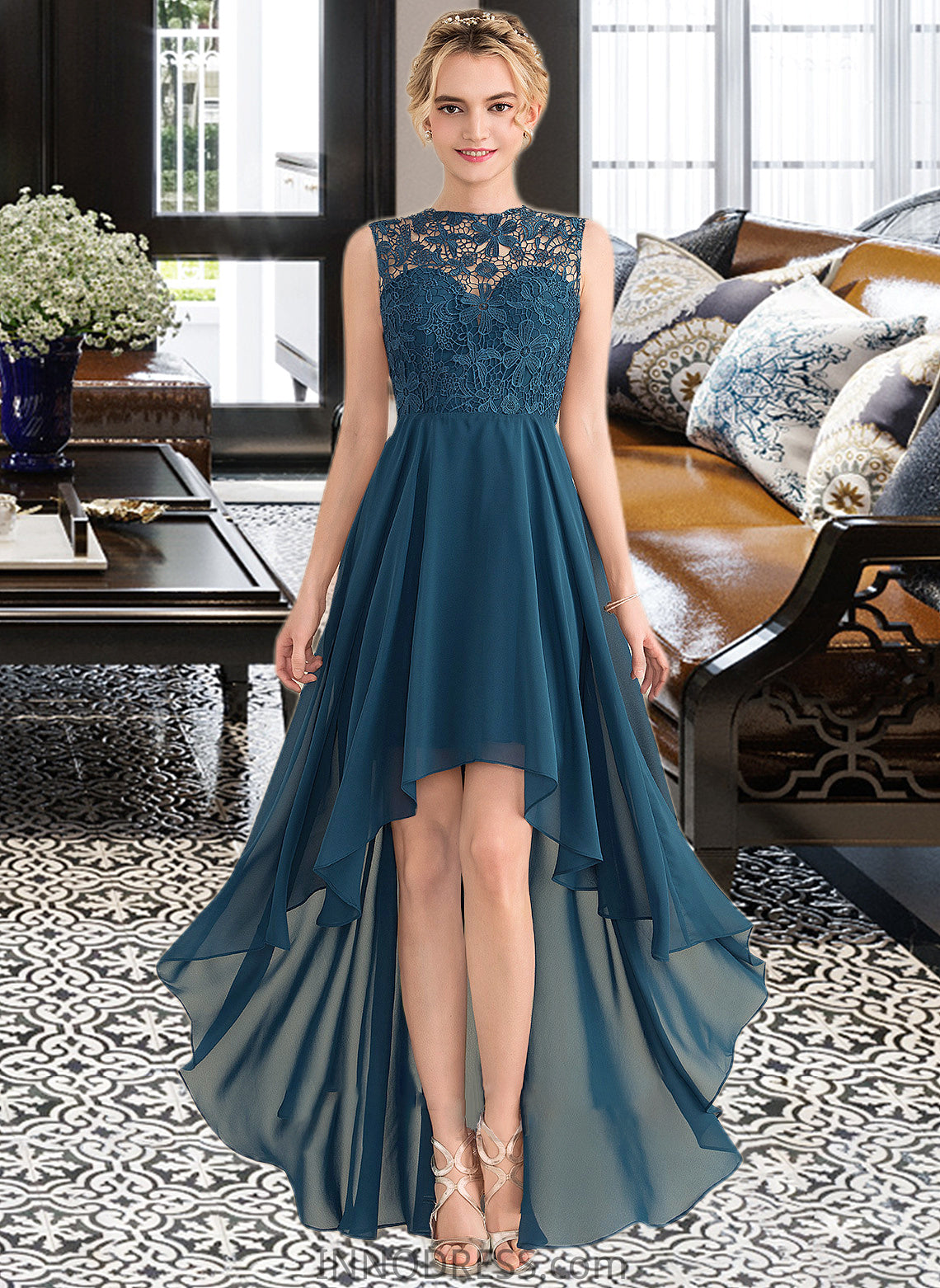 Giovanna A-Line Scoop Neck Asymmetrical Chiffon Lace Bridesmaid Dress DPP0013182