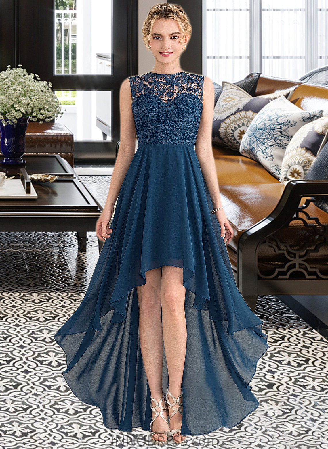 Giovanna A-Line Scoop Neck Asymmetrical Chiffon Lace Bridesmaid Dress DPP0013182