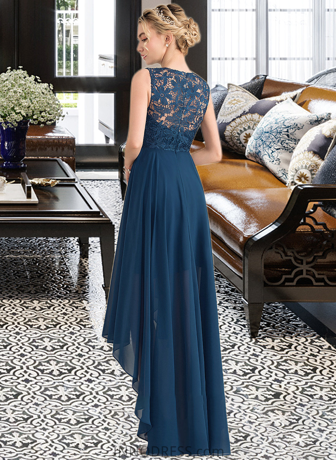 Giovanna A-Line Scoop Neck Asymmetrical Chiffon Lace Bridesmaid Dress DPP0013182