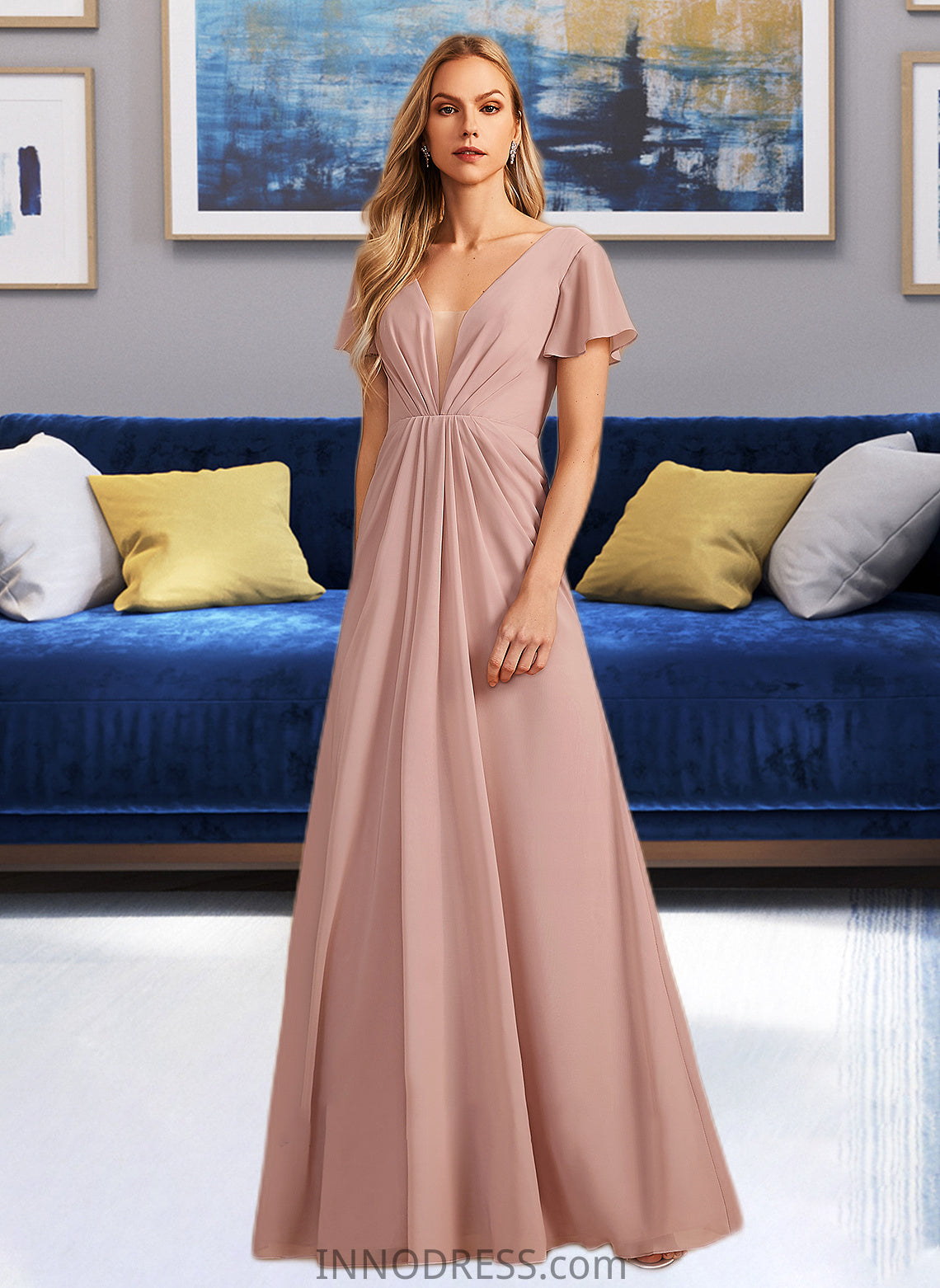 Pam A-Line V-neck Floor-Length Bridesmaid Dress With Ruffle DPP0013183