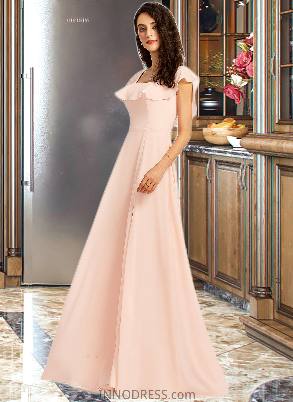 Jasmin A-Line Square Neckline Floor-Length Bridesmaid Dress With Split Front DPP0013186