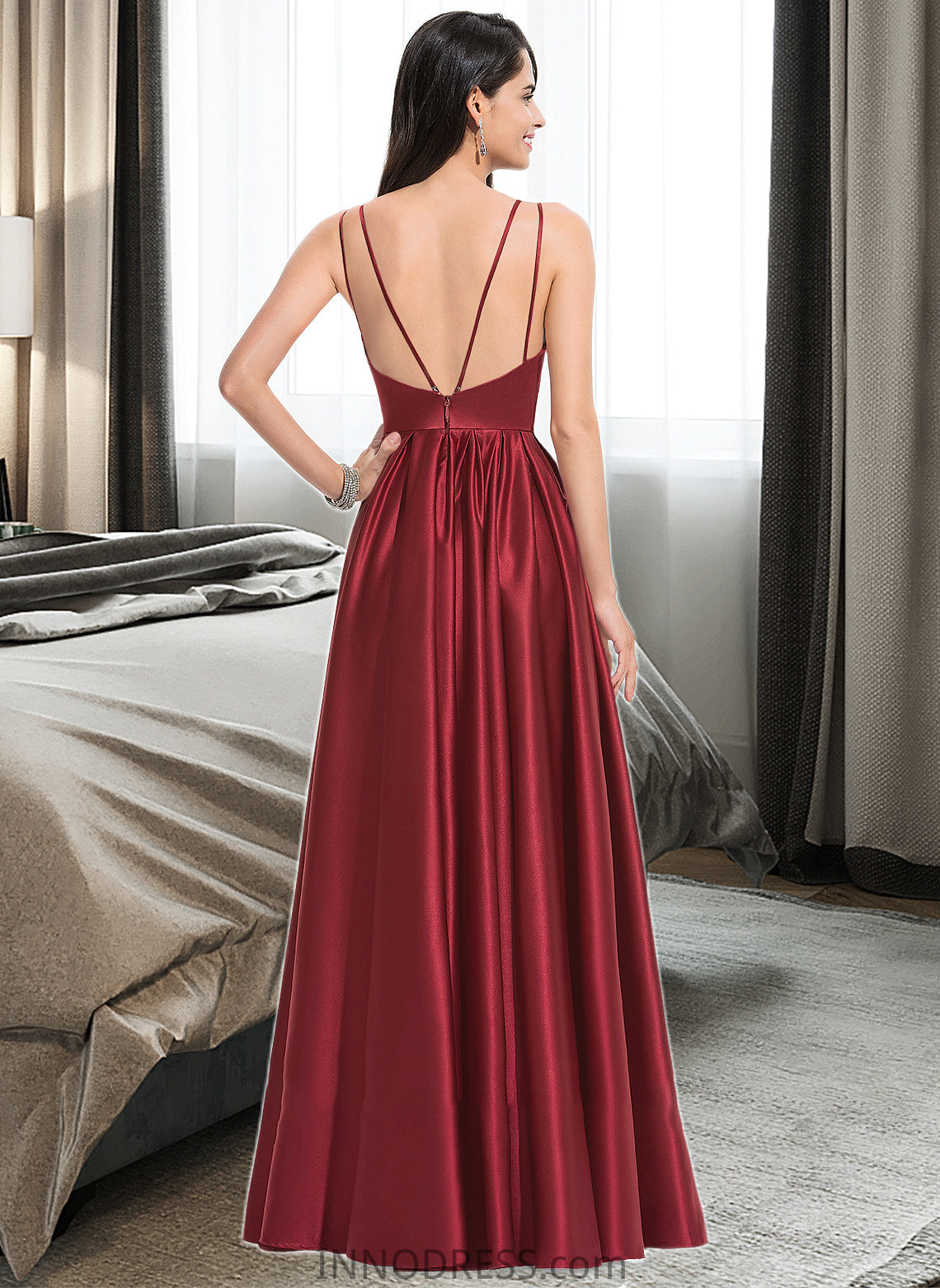 Ivy A-Line V-neck Floor-Length Satin Bridesmaid Dress With Ruffle Pockets DPP0013187