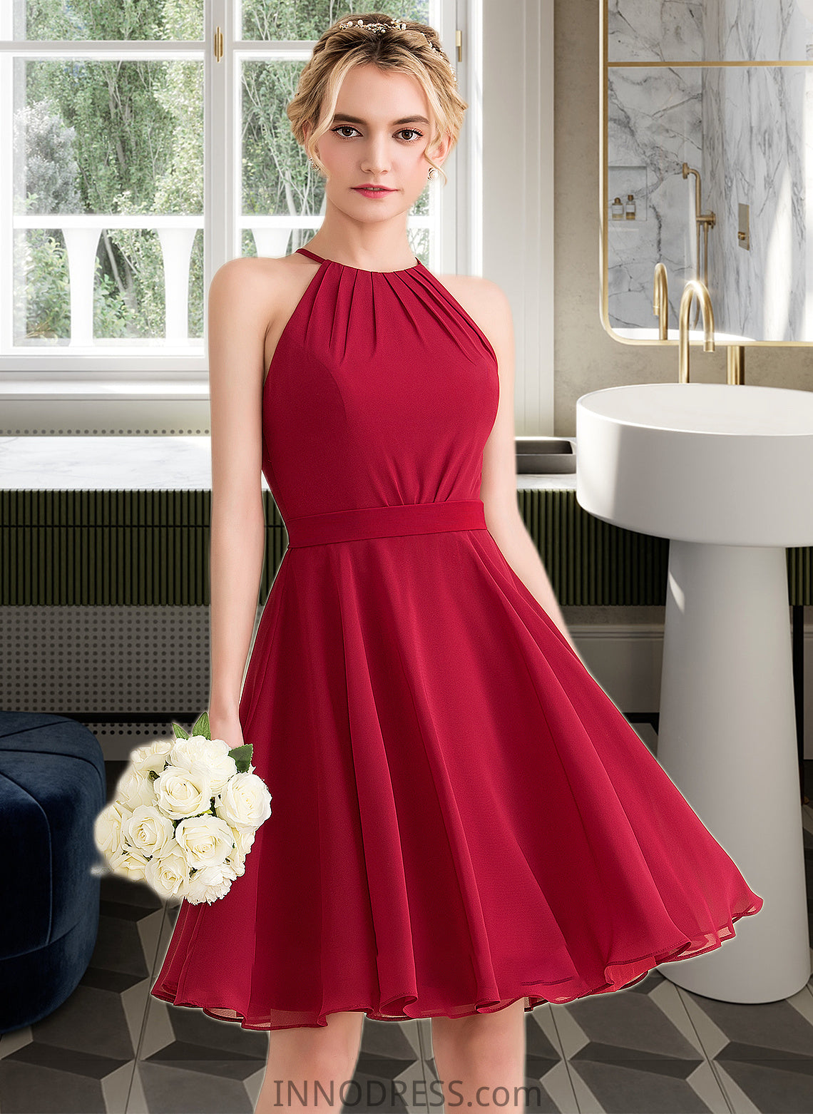 April A-Line Scoop Neck Knee-Length Chiffon Bridesmaid Dress With Ruffle Bow(s) DPP0013189