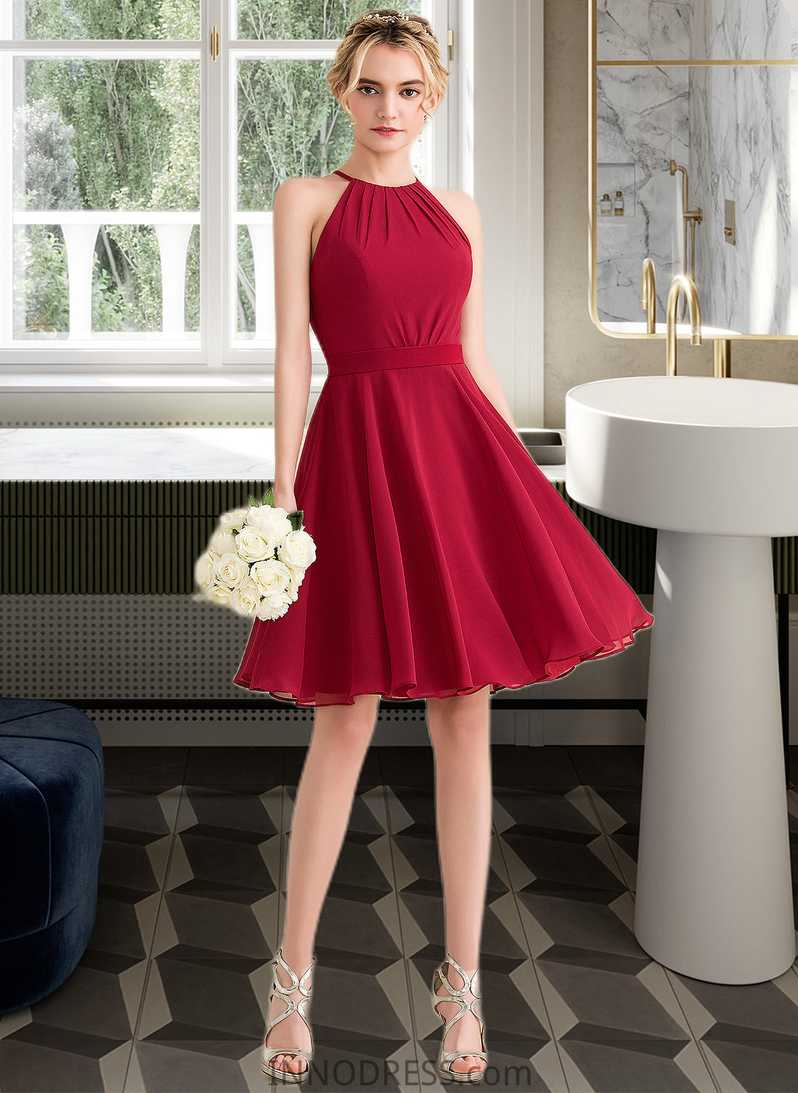 April A-Line Scoop Neck Knee-Length Chiffon Bridesmaid Dress With Ruffle Bow(s) DPP0013189