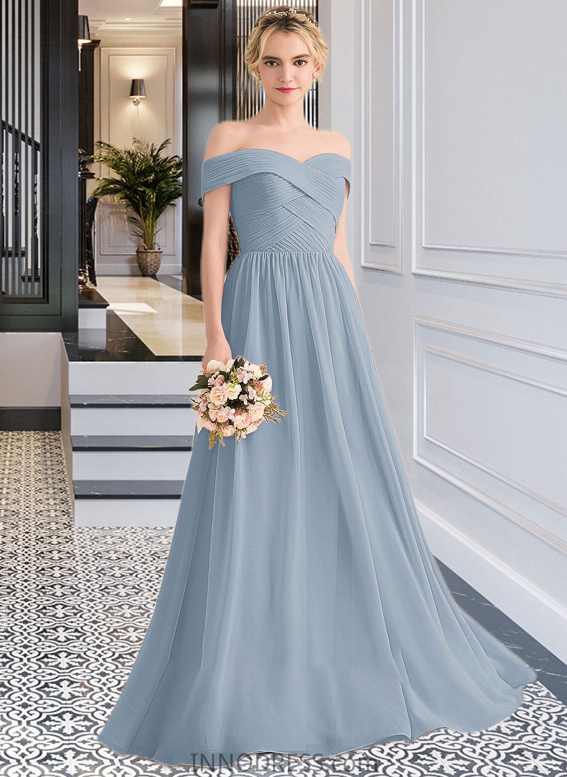 Tess A-Line Off-the-Shoulder Floor-Length Chiffon Bridesmaid Dress With Ruffle DPP0013190