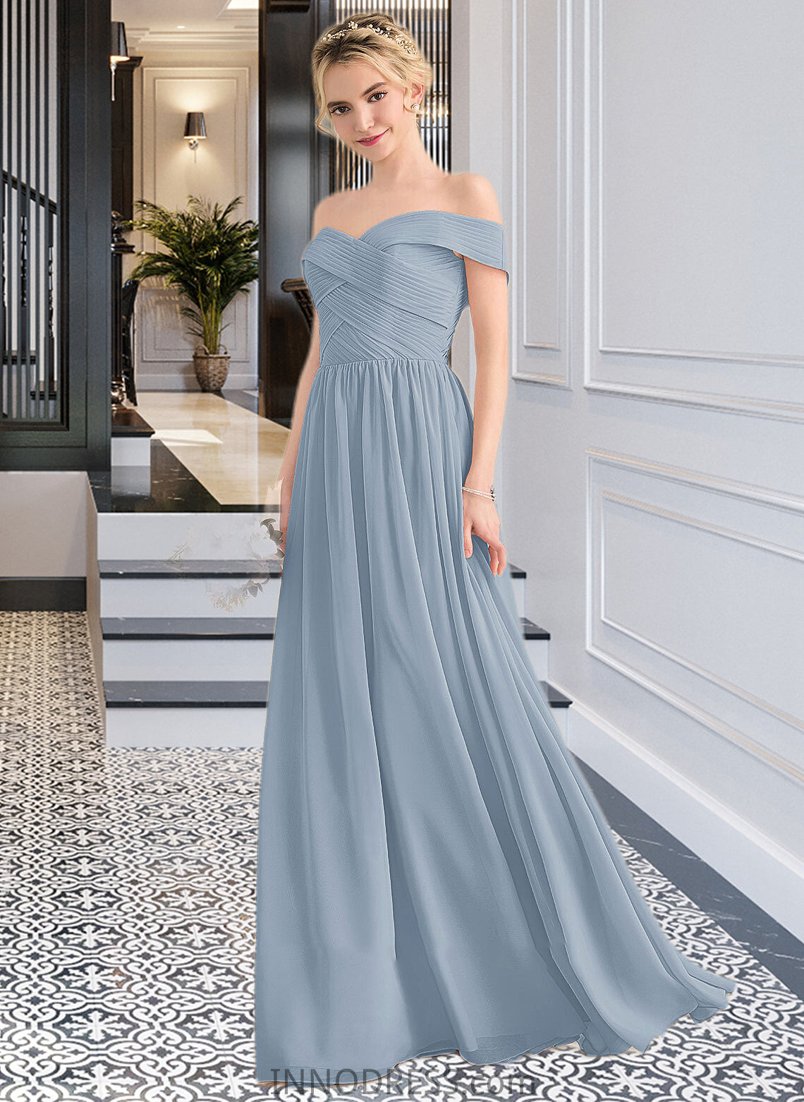 Tess A-Line Off-the-Shoulder Floor-Length Chiffon Bridesmaid Dress With Ruffle DPP0013190