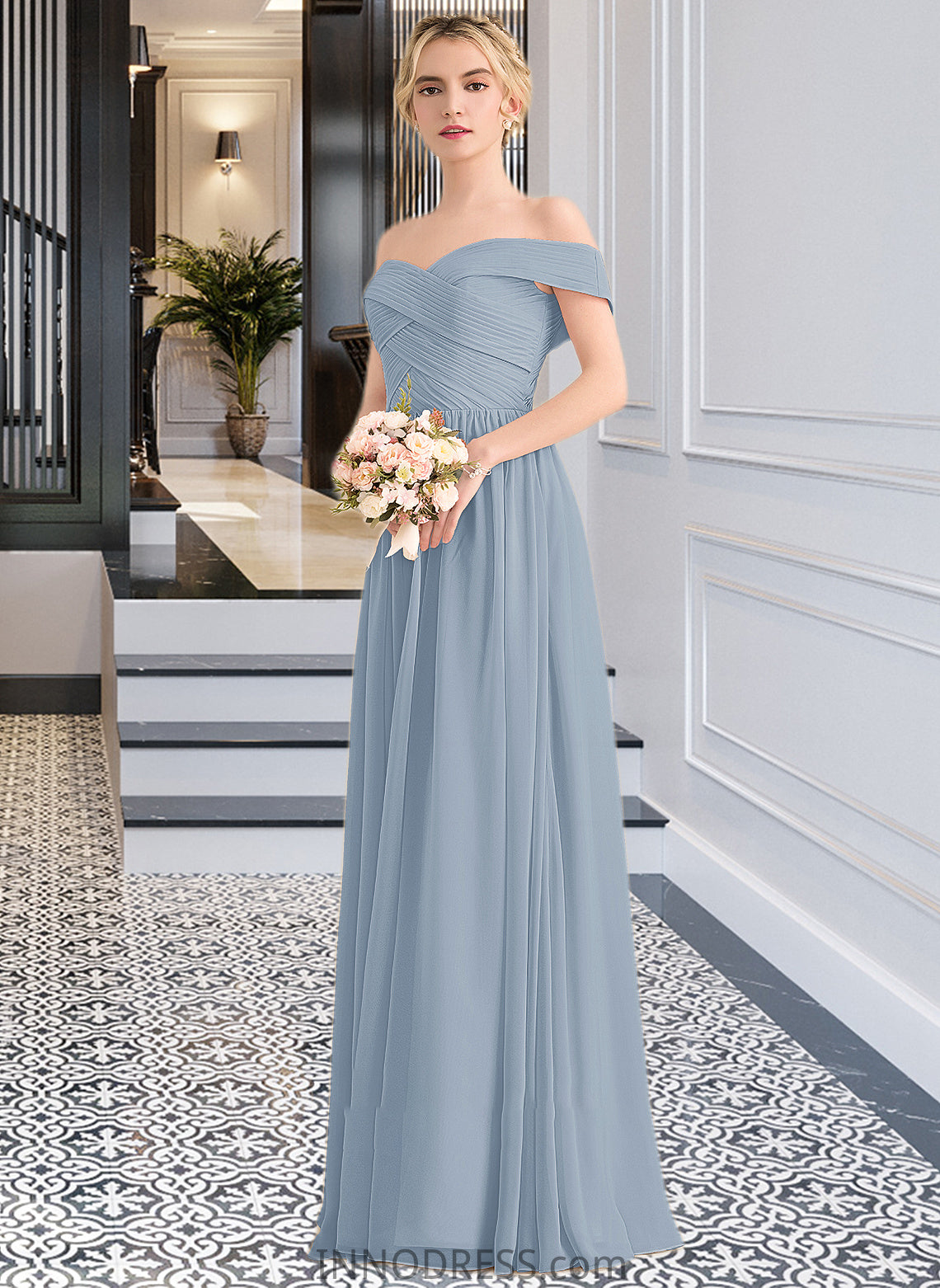 Tess A-Line Off-the-Shoulder Floor-Length Chiffon Bridesmaid Dress With Ruffle DPP0013190