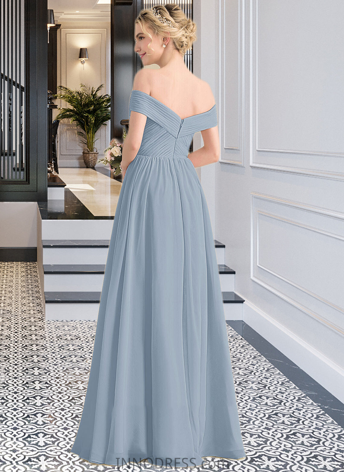 Tess A-Line Off-the-Shoulder Floor-Length Chiffon Bridesmaid Dress With Ruffle DPP0013190