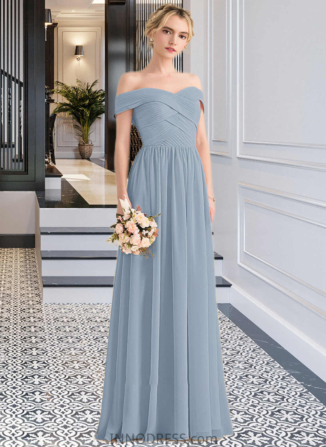 Tess A-Line Off-the-Shoulder Floor-Length Chiffon Bridesmaid Dress With Ruffle DPP0013190