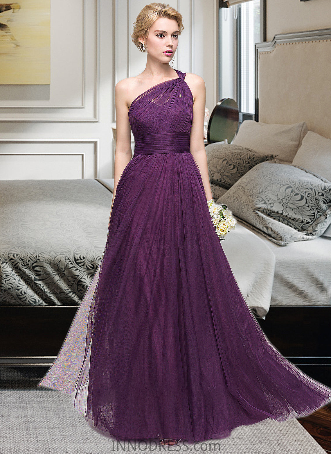 Helen A-Line One-Shoulder Floor-Length Tulle Bridesmaid Dress With Ruffle DPP0013216