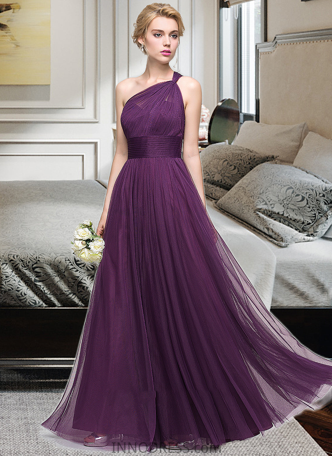 Helen A-Line One-Shoulder Floor-Length Tulle Bridesmaid Dress With Ruffle DPP0013216