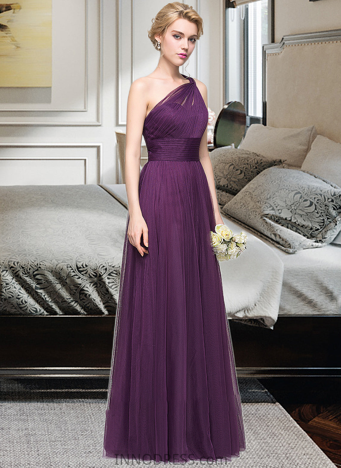 Helen A-Line One-Shoulder Floor-Length Tulle Bridesmaid Dress With Ruffle DPP0013216