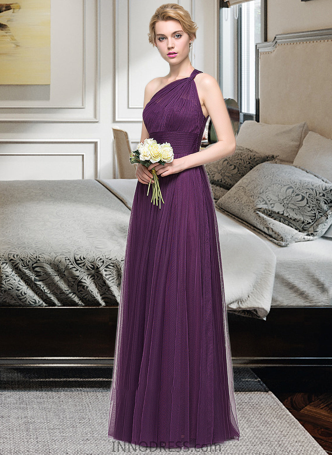 Helen A-Line One-Shoulder Floor-Length Tulle Bridesmaid Dress With Ruffle DPP0013216