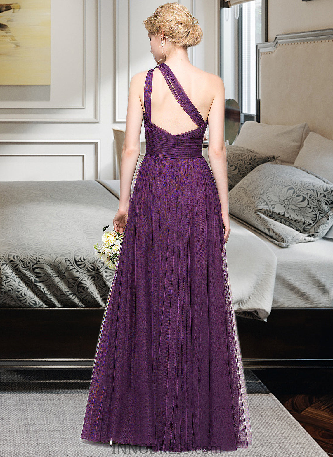 Helen A-Line One-Shoulder Floor-Length Tulle Bridesmaid Dress With Ruffle DPP0013216