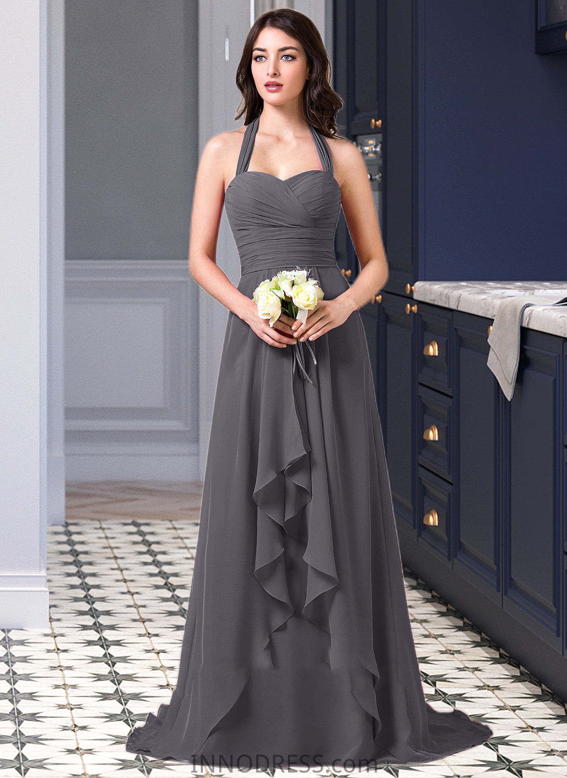 Bailey A-Line Halter Sweep Train Chiffon Bridesmaid Dress With Bow(s) Cascading Ruffles DPP0013217