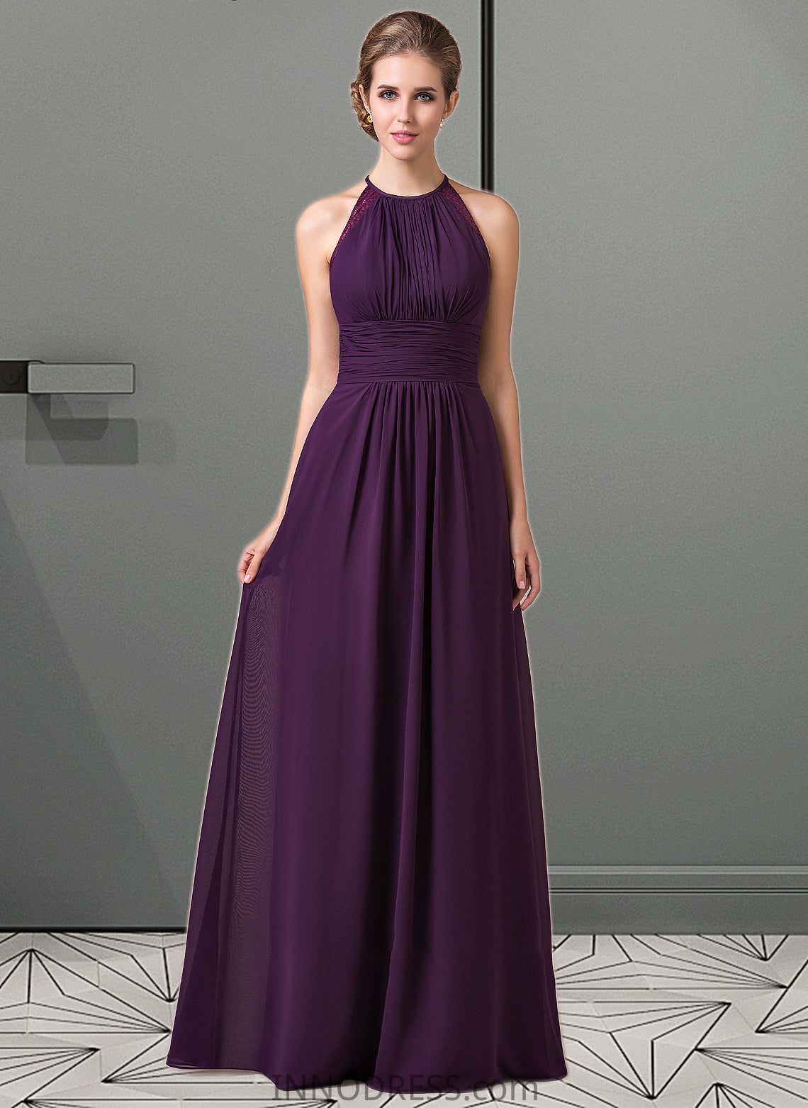 Athena Chiffon Halter-neck Floor-length Bridesmaid Dress With Lace DPP0013218