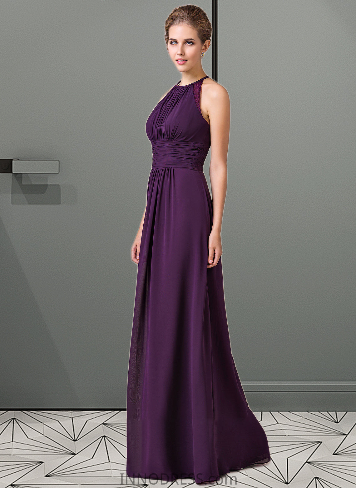 Athena Chiffon Halter-neck Floor-length Bridesmaid Dress With Lace DPP0013218